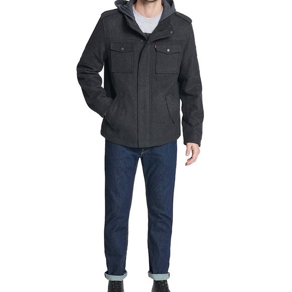 NWT Levi's Men's Wool Blend Hooded Military Jacket Charcoal Size M $200 O184 - Picture 6 of 6